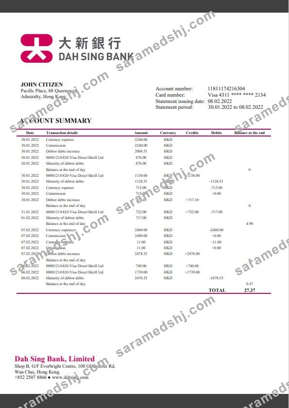 Hong Kong DAH Sing Bank statement template, Word and PDF format